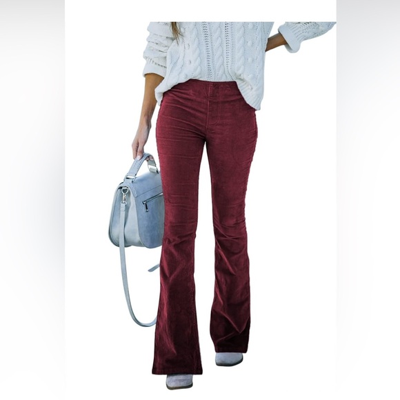 NWOT Woman's Burgundy Corduroy Flare Leg, Elastic Waist Trousers. Size Small - Picture 3 of 7